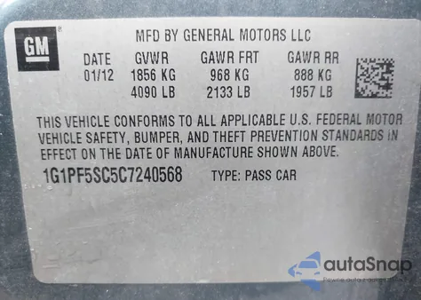 2012 Chevrolet Cruze 1Lt из США, поврежденный, VIN 1G1PF5SC5C7240568